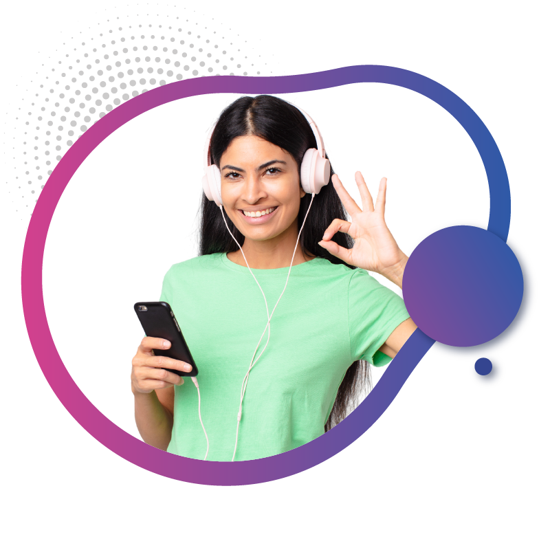 Woman with headphones confirming great mobile experience.