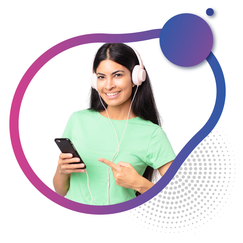 Woman with headphones pointing to mobile app feature.