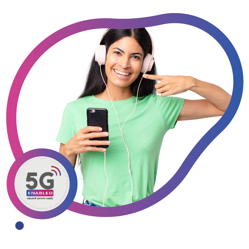 Woman with headphones enjoying 5G music streaming.