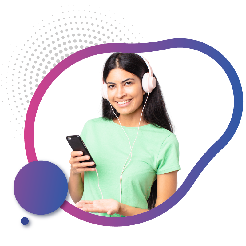 Woman with headphones showing digital mobile services.
