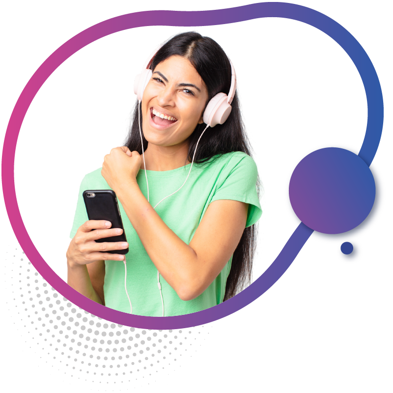 Happy woman with headphones using fast streaming smartphone.